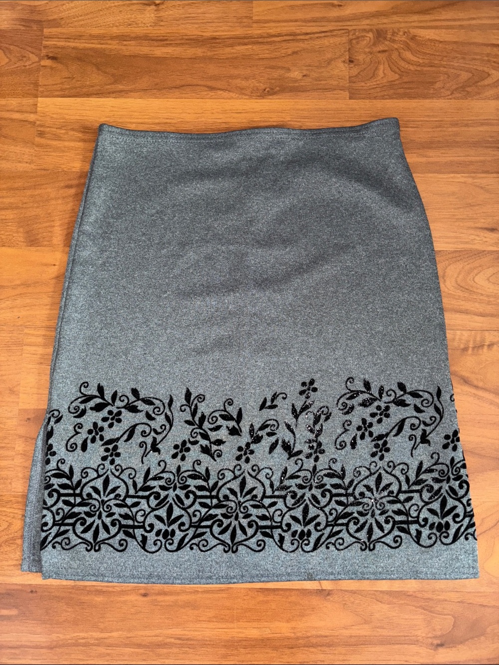 Exact Change Gray Pencil Skirt with Black Floral Velvet Trim